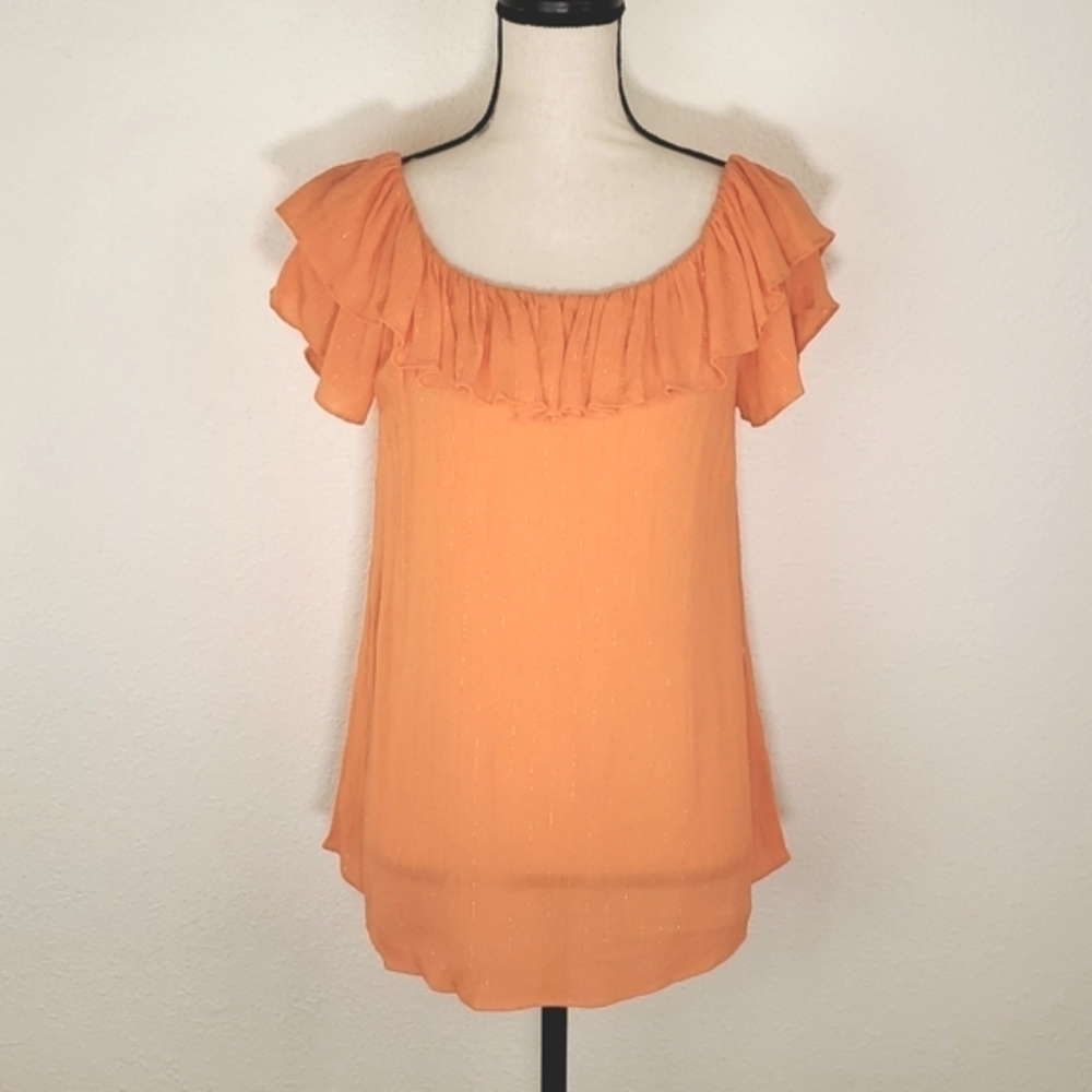 *NWT* MICHAEL MICHAEL KORS Orange (Peach) Ruffle Top w/Gold Threading, size S